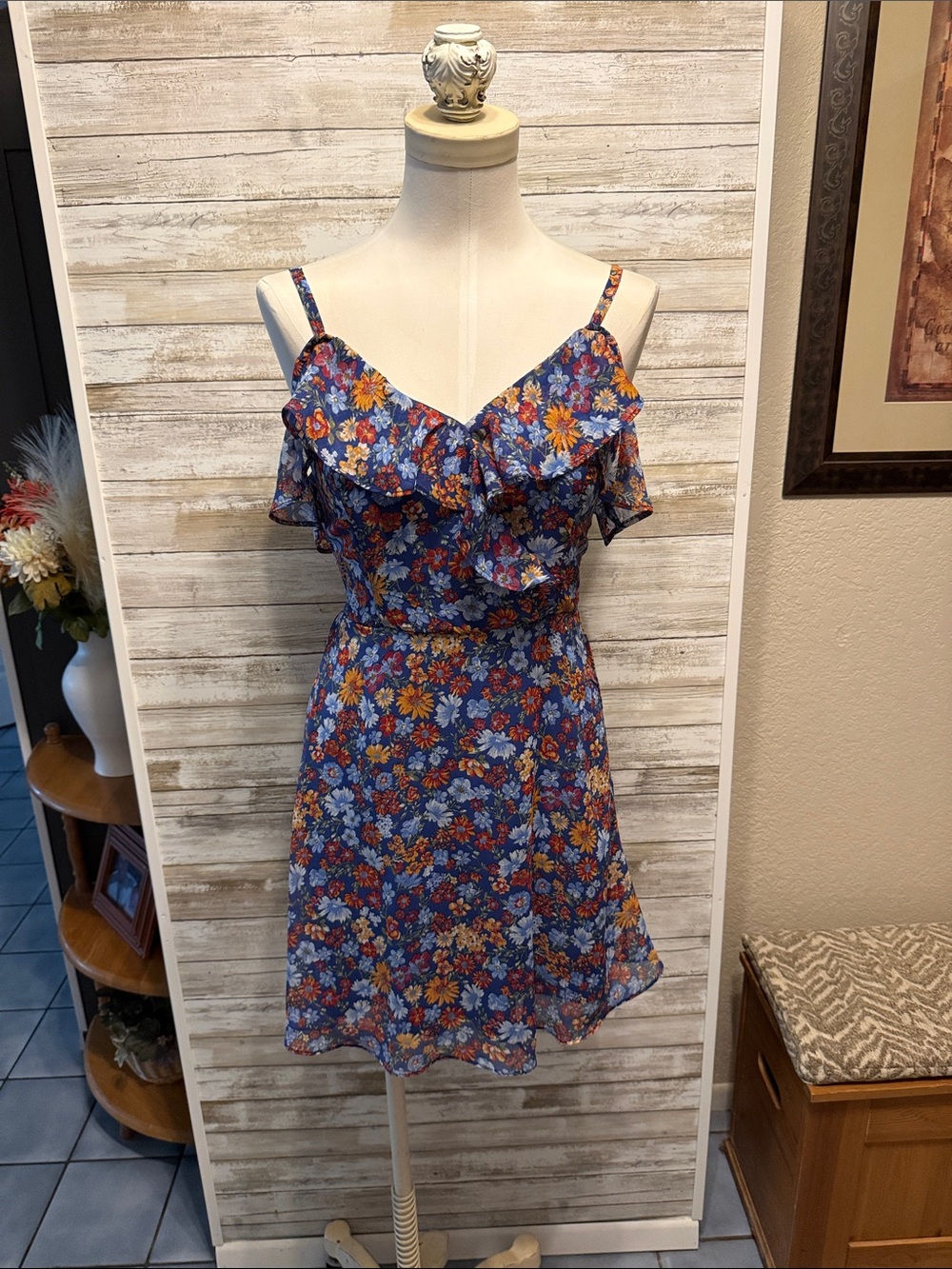 Blue Floral Ruffle Dress fully lined XS